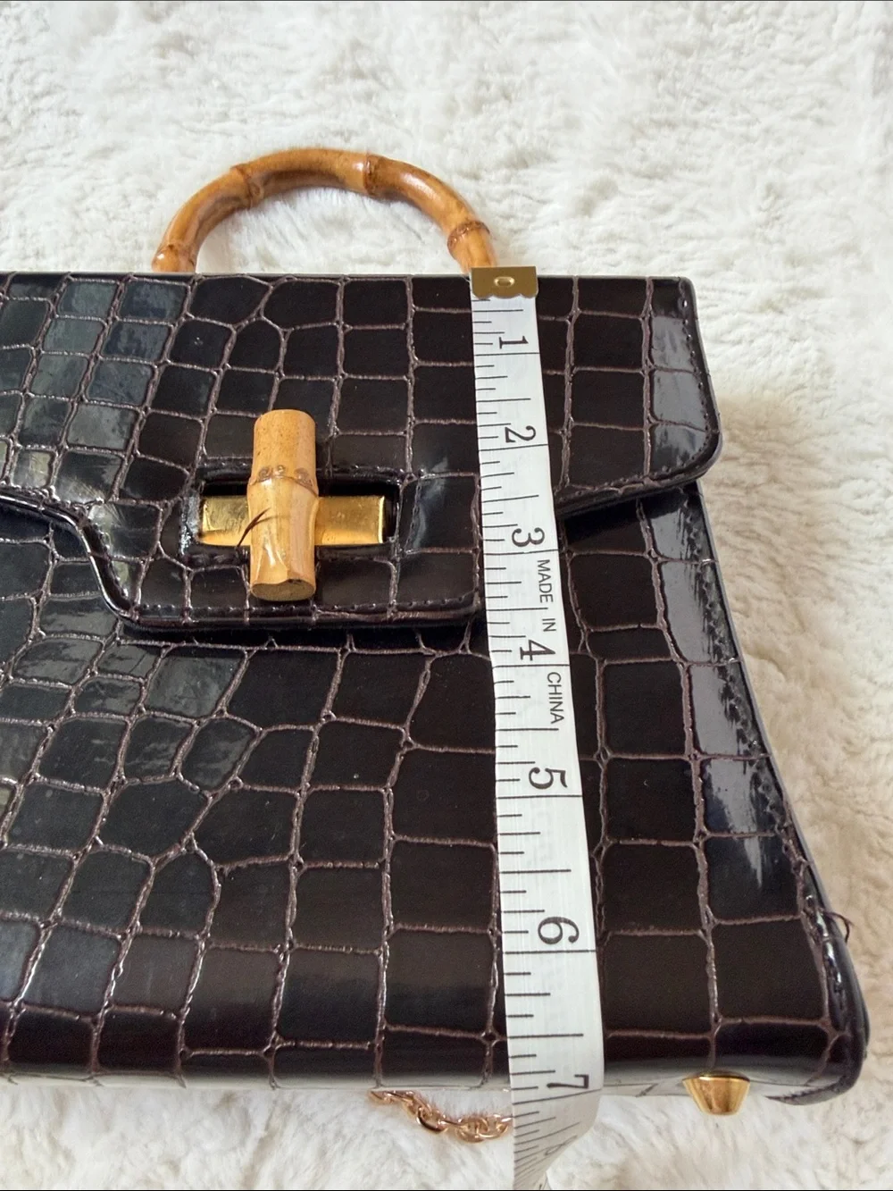 Comeco, Brown Croc-Embossed Bamboo-Handle Top-Handle Bag